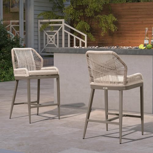Image of PURPLE LEAF Counter Height Bar Stools Set of 2 Rattan Woven Aluminum Modern Barstools with Back and Arms for Patio Balcony Pool Outdoor Accent Counter Stool Chairs