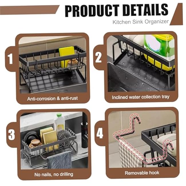 Sink Caddy with Auto Draining Tray Steel Kitchen Sink Organizer with Dish Cloth Hanger for Countertop Black