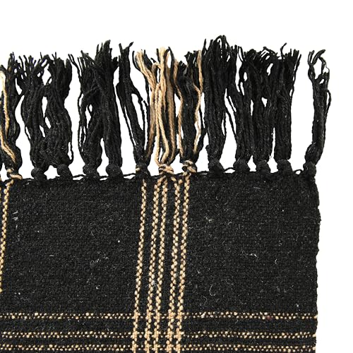 Image of Plaid Black & Tan Fringed Woven Cotton Blend Throw