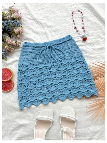 SHENHE Women's Textured Hollow Out Scalloped Knit Skirt Drawstring Tie Front Sweater Skirt3