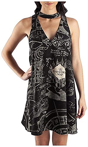 Bioworld Harry Potter Marauders Map Juniors' Sleeveless Choker V-Neck Dress-Small Black