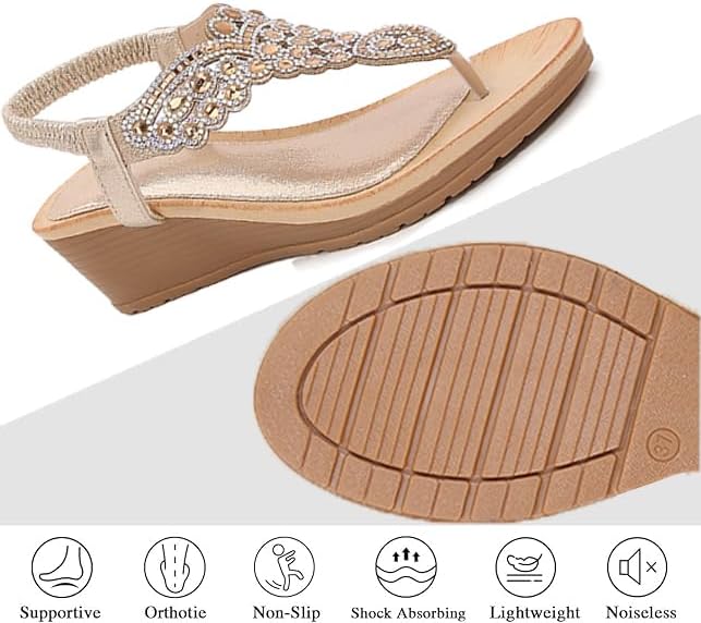 Women's T-Strappy Rhinestone Wedge Flip flop Sandals Fashion Round Open Toe Platform Arch Support Clip Toe Boho Beach Sandal with Elastic ankle strap for Outdoor Dress Walking - Image 4