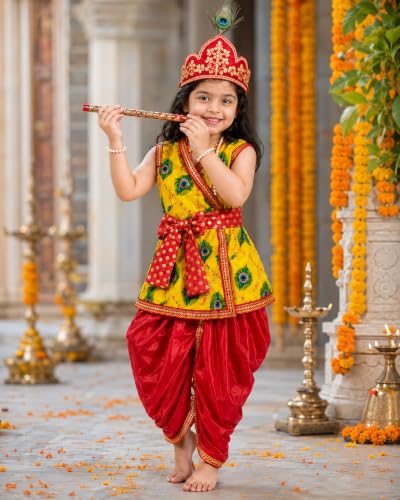 Image of Sarvda Krishna & Radha Dress for Kids - Complete Janmashtami Costume Sets with Dhoti /Lehenga, Mukut, Mor Pankh, Bansuri & Accessories | Fancy Dress for Baby Boys & Girls