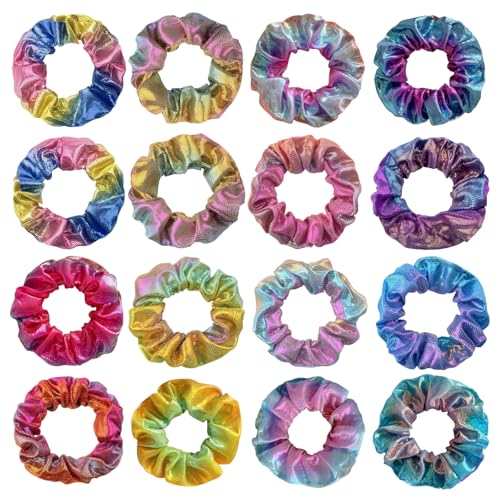 LUFFLOK Hair Scrunchies 16 Pack Shiny Metallic Scrunchies for Girls Women Colorful Ponytail Holder Bobble Hair bands Soft Hair Ties Scrunchy Ponytail Holder Hair Accessories with Elastic (16Pcs)