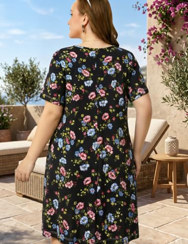 Image of OVERWORETY Womens Short Sleeve Plus Size T-Shirt Dress V Neck Casual Loose Swing A-Line Summer Tunic Dresses with Pockets