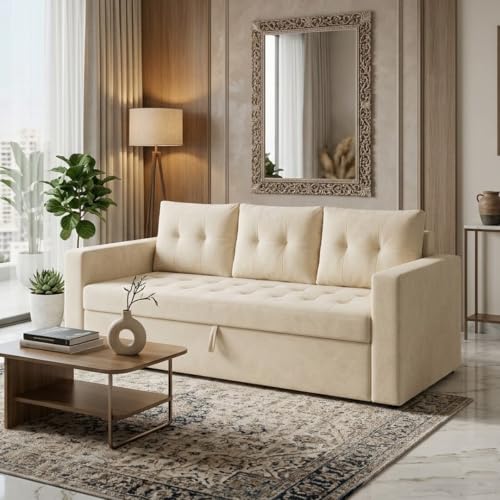 Image of FURNY Tressa 3 Seater Fabric Pull-Out Sofa Cum Bed Function (Cream) | Luxury Velvet Suede Finish | Durable Comfort Sofa Bed for Modern Living Room & Office Spaces