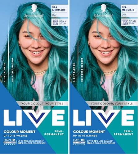 Image of Schwarzkopf LIVE Colour Moment 097 Sea Mermaid, with HaptiQ Anti-Damage System, Semi-Permanent Green Hair Dye, Up to 15 Washes (Pack of 2)