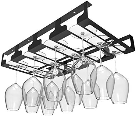 Jbikao Wine Glass Rack - Under Cabinet Stemware Wine Glass Holder Glasses Storage Hanger Metal Hanging Organizer for Bar Kitchen 4 Rows Black