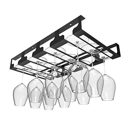 Jbikao Wine Glass Rack - Under Cabinet Stemware Wine Glass Holder Glasses Storage Hanger Metal Hanging Organizer for Bar Kitchen 4 Rows Black