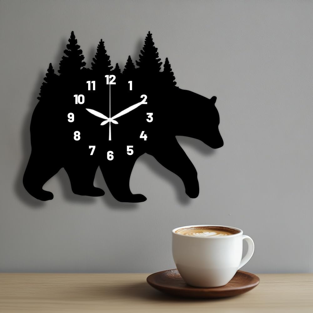 CHGCRAFT Bear Carrying Forest Pattern Wall Clock 15.2 Inch Wood Grain Non-Ticking Irregular Shape Clocks Wall Hanging Clock Battery Operated for Bedroom Living Room Kitchen Office