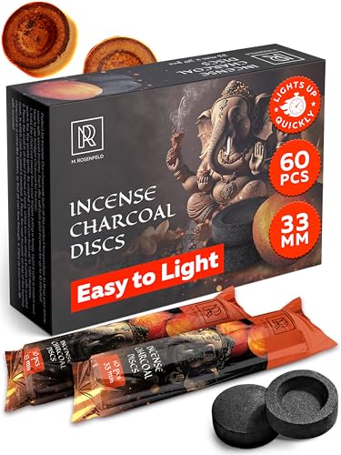 Charcoal Discs to Burn Incense - 60 pcs Charcoal for Incense Burning - 33 mm Most Quick Light Coals Tablets by M. ROSENFELD - 33 mm Resin Burner Rolls – Pack of 60 Instant Fire Coal Tablets