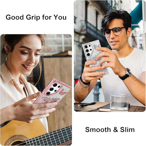 Image of Elzzi Electroplated Diamond Butterfly Phone Cover for Samsung S24 Ultra Case, Showcasing Soft TPU, Shockproof, Stylish Back Cover for Girls & Women (Grey)