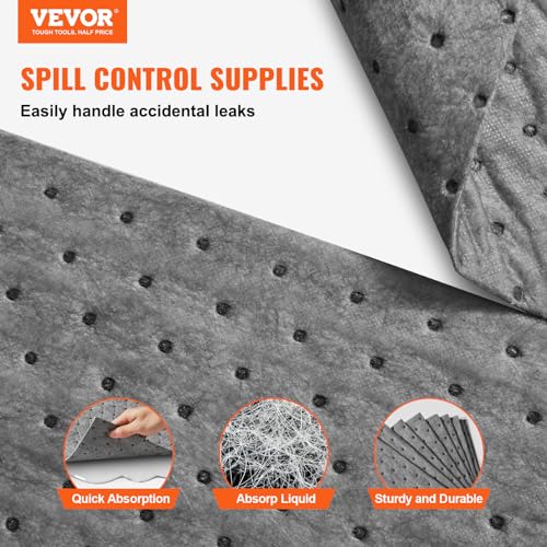 Image of VEVOR 100PCS Absorbent Pads, 13 inch x 10 inch Universal Absorbing Mat Garage Accessories, Oil Absorbent Pads & Water Absorbent Pads Absorbs up 12 Gal, Oil Spill Mat for Spill Protection, Home Garage Basement