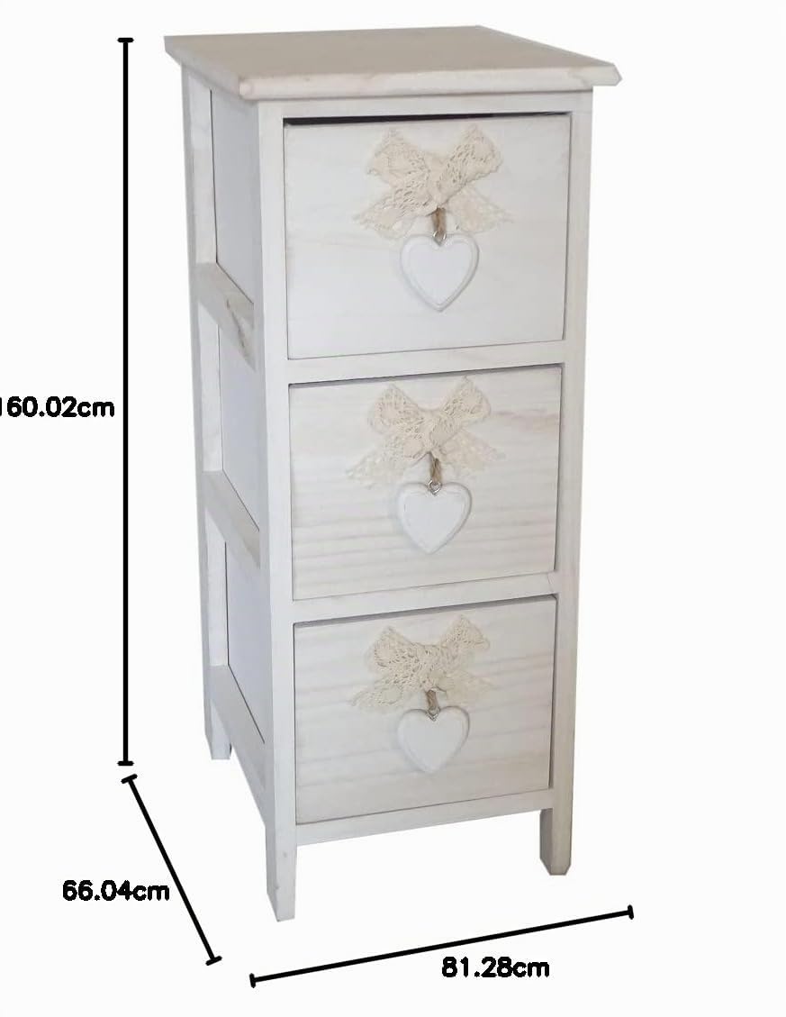 King Collection King Home C656118 Cassettiera 3 Cassetti con Cuore Washed in Legno di Paulownia, Bianco