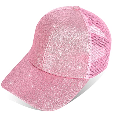Girls Glitter Baseball Cap Criss Cross Ponytail Hat Adjustable High Messy Bun Ponycap Kids Trucker Hat Pink #TOP4