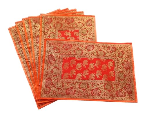 Image of Diwali Room Decor Silk Table Runner Placemats Tea Coaster Set for Living Room 4 to 6 Seater Dinning Table Table Mat Set Centre Table Top Decor Pack of 13 Pcs (Orange)