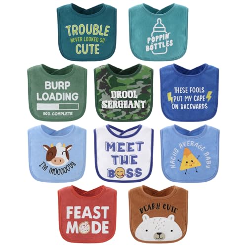 Image of The Peanutshell Baby Boy Terry Bibs Set of 10-100% Cotton, Soft, Absorbent Baby Bibs, Toddler Boy Set, Newborn & Infant Bib - Oh Boy!
