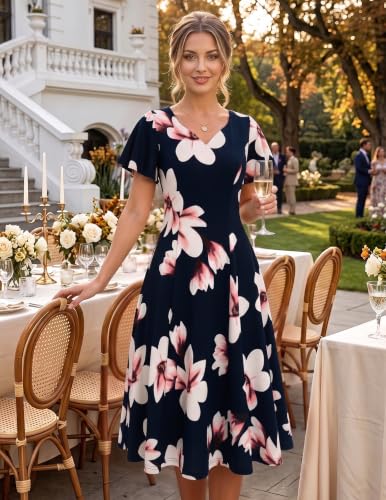 Image of HomRain Wedding Guest Dresses for Women Vintage Short Sleeves Casual Fit and Flare Cocktail Formal Dress for Tea Party