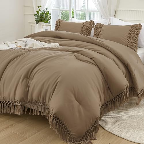 Image of Andency Taupe Full Size Comforter Set, 3 Pieces Boho Tassel Lightweight Soft Bedding Comforter Sets, All Season Fluffy Fringe Bed Set (79x90In Comforter & 2 Pillowcases)