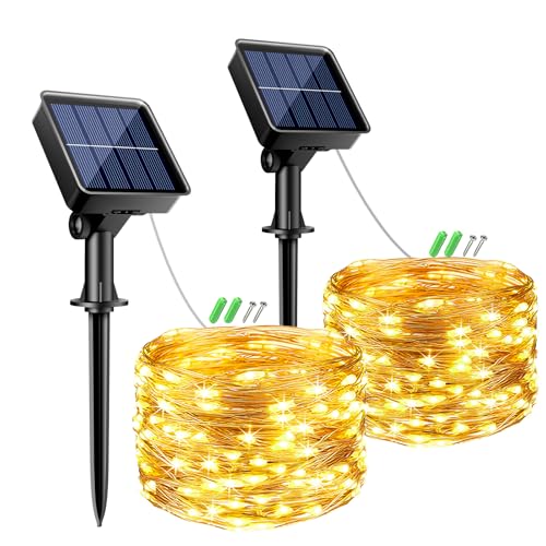 btfarm 2 Pack Solar String Lights Outdoor Garden, Total 12M 120 LED Fairy Lights Solar Powered 8 Modes, Copper Wire Solar Lights for Decorating Garden, Yard, Tree, Christmas, Warm White