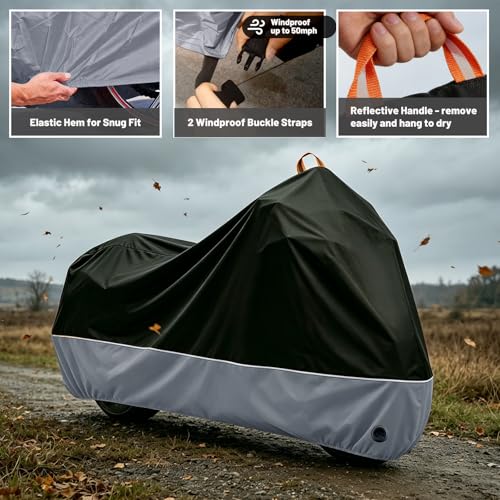 Image of Motorcycle Cover All Season Waterproof Sun Outdoor Protection, Fits up to 96.5 inch Motorcycle Powersports Vehicle Covers, Black and Gray (Lockholes & Storage Bag)