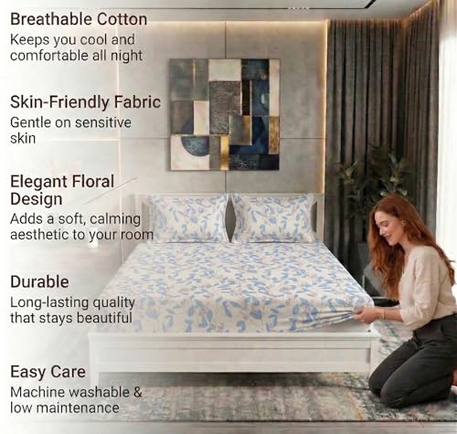 Image of BSB HOME 210 TC Cotton Double Bedsheet with 2 Pillow Covers, Soft Breathable Fabric, Elastic Fitted Sheet, Wrinkle Resistant, Deep Pocket Fit - 78 x 72 + 10 Inches (Mascarpone)