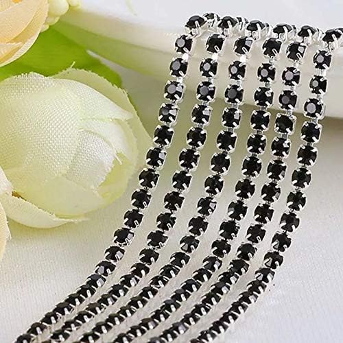 Aliotech 11 Yards 2.5MM Crystal Rhinestone Close Chain Trim for Sewing Crafts DIY Decoration(Silver with Black Beads)
