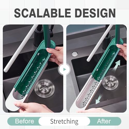 2026 Updated Telescopic Sink Storage Rack, Ajustable Organizador Telescópico de Fregadero de Cocina, Expansible 2 en 1 Escurridor de Fregadero, Porta Esponja y Jabón para Cocina en Casa (C - Verde - 2 piezas) miniatura 4