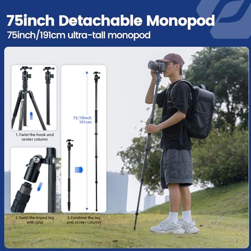 Image of Fotopro 73 inch /185cm Carbon Fiber Travel Tripod for Camera, 360 Panorama Ball Head, Arca Quick Release Plate and Bag, Detachable Monopod for DSLR Camera Camcorder, Load up to 22lbs /10kg. X-Go Plus Green