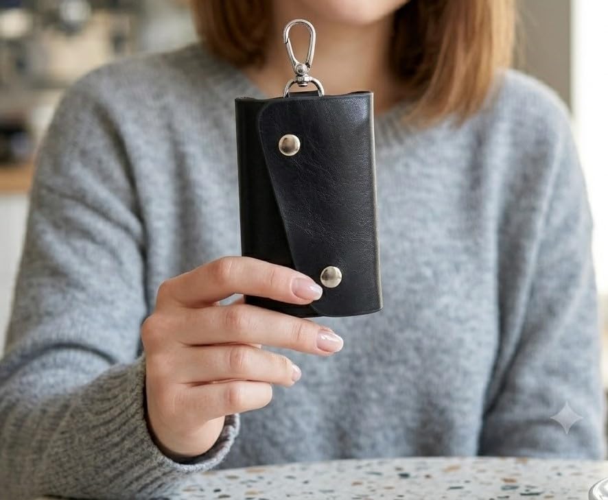 Image of Leather Key Pouch Keychain for Men & Women - Key Holder Wallet with Key Ring | Compact Key Organizer Case for Car Keys, House Keys & Coins | Small Leather Key Wallet Pouch