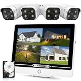 【最新800万画素】 防犯カメラ 屋外 POE給電 4K 金属製 12型防犯モニター AI人物検知 防犯灯発光 フルカラー暗視撮影 双方向通話 8台増設 YESKAMOO 監視カメラ 有線 POE カメラ電源工事無し IP66防水防塵 110°広角 防犯カメラセット H.265+圧縮 WIFI不要 常時録画 動体検知（800万画素POE防犯カメラ4台＋防犯モニター付き録画機＋内蔵式HDD）