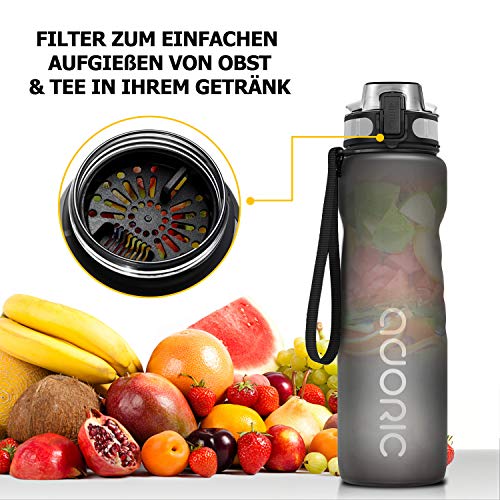 Adoric Tritan Trinkflasche 1L - BPA-frei, wiederverwendbare Wasserflasche für Uni, Sport, Arbeit, Fitness, Fahrrad, Outdoor, Job, Grau