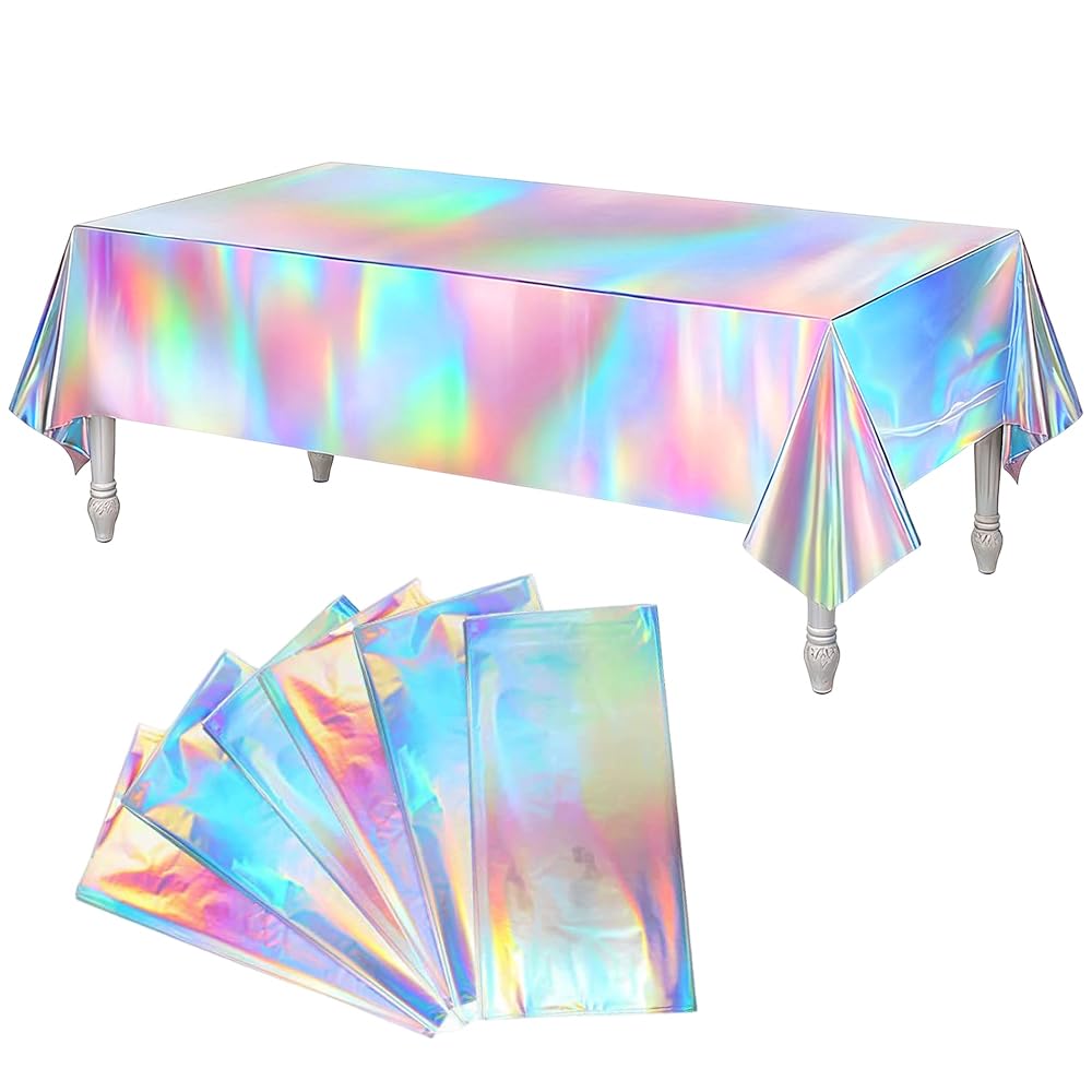 Wxeadu 6 Packs Iridescent Party Table Cloth Disposable, 54 x 108 Inches Large Plastic Holographic Foil Table Cover, Rainbow Holographic Party Tablecloth, Rectangular Disposable Tablecloths for Parties