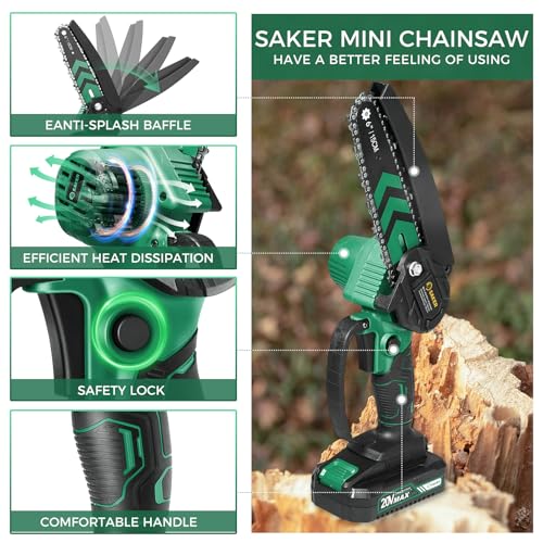 Image of Saker Mini Chainsaw,6 Inch Portable Electric Chainsaw Cordless, Small Handheld Chain saw for Tree Branches,Courtyard, Household and Garden,Gift for Men Dad(SK1806D-G)