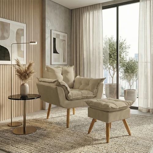 Kit Poltrona Decorativa Confortável Para Sala Recepção Manicure com Puff Para Quarto Penteadeira Closet Quadrado Tecido Suede (Nude)