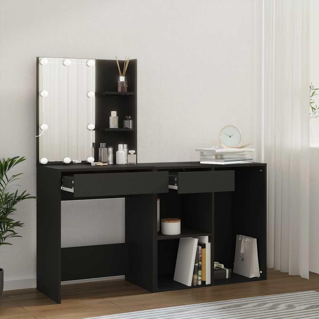 LED-Schminktisch mit Schrank Schwarz Holzwerkstoff, 60x40x140 cm, mit LED-Beleuchtung, Spiegel, Schublade, Stauraum und USB, für Schlafzimmer, Ankleidezimmer, modernes Makeup Styling