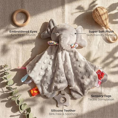 UNMOT Baby Comforter Elephant Security Blanket for Newborn - Super Soft Sensory Toy with Tags & Teether - Unisex for Boys Girls - Soothing Sleep Aid Baby Teddy, Grey