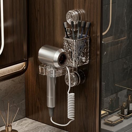 Image of LINEAR Bathroom Organiser | Wall Mount Toothbrush and Hair Dryer Holder | Clear Plastic | Self-Adhesive | 18.5 x 21 x 8 cm