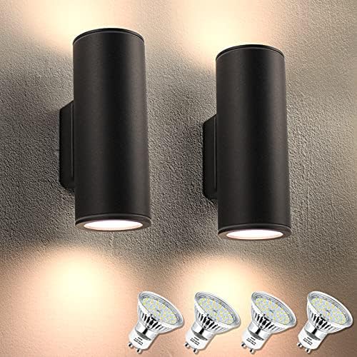 wowatt 2Pcs LED Up and Down Light Outdoor Wall Lights Mains Powered Anthracite Outside Porch Light Waterproof IP44 Black Inside Front Door Lighting Aluminium Garden Wall Lamp(Incl. 4X 5W GU10 Bulb)