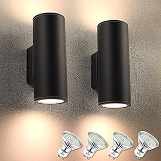 wowatt 2Pcs LED Up and Down Light Outdoor Wall Lights Mains Powered Anthracite Outside Porch Light Waterproof IP44 Black Inside Front Door Lighting Aluminium Garden Wall Lamp(Incl. 4X 5W GU10 Bulb)