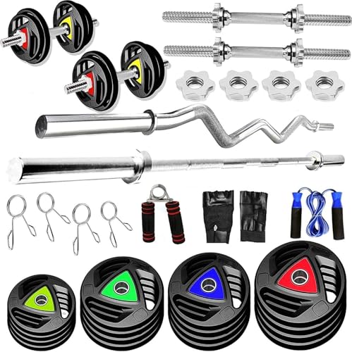 Image of YMD Premium Rubber Plates 5FT Curl & 6FT Straight 28MM Rod with Dumbbell Rods Home Gym Combo (Weight 50KG(2.5X4Pc 5X4Pc 10X2Pc))