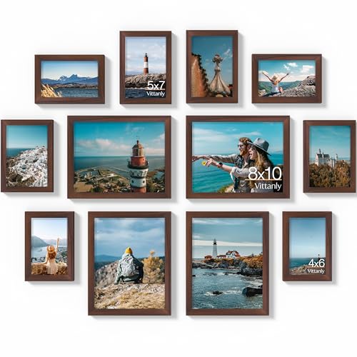 Image of Vittanly 12 Pack Picture Frames Collage Wall Decor for Mounting or Tabletop Display, Gallery Wall Frame Set for Family, Multi Sizes Including 8x10, 5x7, 4x6, Light Brown