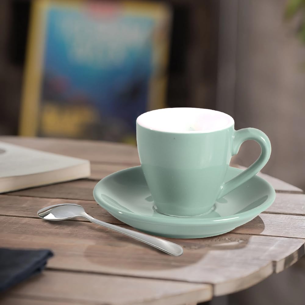homEdge Juego de 4 tazas de café expreso de porcelana con platillos y cucharas, 80 ml, color verde menta