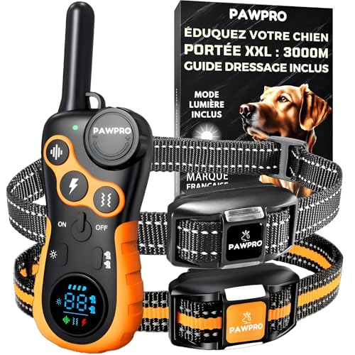 PAWPRO Collier de Dressage, Portée de 3km, Mode Lumière Nocturne, Guide de Dressage Inclus, 124 Niveaux d’Entraînement, BIP Vibration Choc, Adapté à...