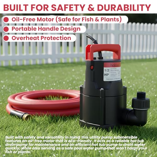 Sump Pump, Submersible Water Pump, 1/2HP Submersible Pump, Water Removal Pump With 10Ft. Garden Hose for Pool Draining, Hot Tub & Basement, Portable Pump with 25ft Long Cord & Garden Hose Adapter - Thumbnail 5