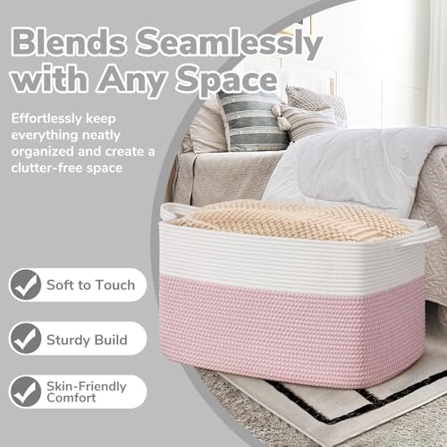 Image of Goodpick Large Woven Rope Blanket Basket, Rectangle, White & Pink