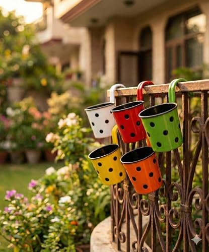 Image of Premium Polka Dot Hook Planter with Inner Pot | Sturdy Plastic Hanging Pots for Balcony Railings | Indoor & Outdoor Gardening (5 Pot, Multicolour)