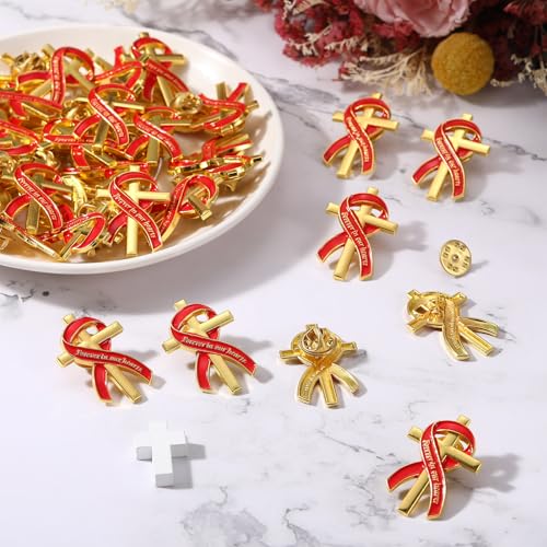 Image of Misdary Funeral Favors for Guests Funeral Memorial Pin Cross Ribbons Forever in Our Hearts Lapel Brooch Pin for Religious Christian Celebration of Life Mourning Remembrance Day