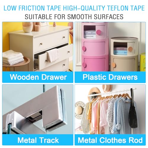 Image of 2 Rolls Drawer Slide Tape Low Friction Tape Abrasion Resistant Glide Tape Self Adhesive Tapes Drag Noise Squeak Reduction Silky Surface Protection Tapes for Wooden Drawer Furniture Curtain Cabinet
