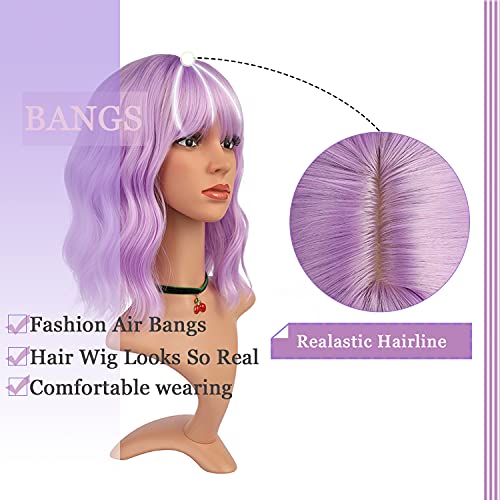 Enilecor Lavender Purple Wig Short Colorful Wavy Bob Wigs With Air Bangs 12" Natural Wigs For Women #TOP4